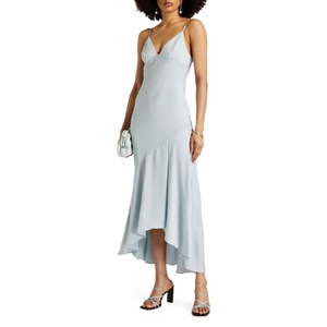 OEM Asymmetric Satin-Crepe Maxi Dress for Woman Light Blue V Neck Summer Cotton Dress for Women - Product Image 1