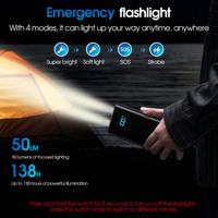 Batterie externe 16000 mAh avec charge rapide 22,5 W, écran numérique, lampe torche LED, double ports USB-A et Type-C, ultra-mince