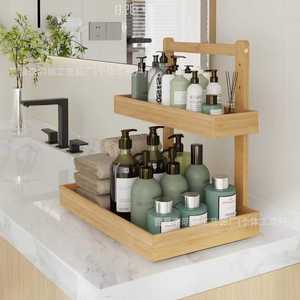 Bamboo Two Tier Bathroom <b>Shelf</b> Cosmetic Storage Organizer Rectangular <b>Desktop</b> Rack For Toiletries And Towels - Product Image 1