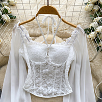 Chemisier court élégant pour femme, style français, col halter carré, avec empiècements en dentelle et manches longues lanternes, pour l'automne