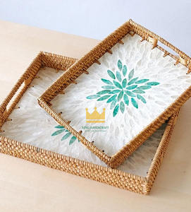 Plateau de service pour table basse, organisateur de rangement, style farmhouse, incrustation nacre, plateau hexagonal en rotin pour la décoration intérieure, du Vietnam - Product Image 3