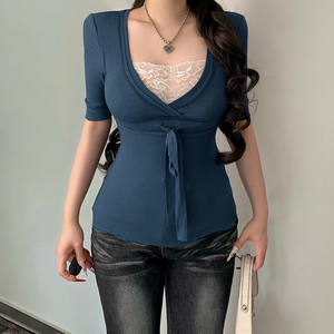Vintage Lace Patchwork V-Neck Top Layered Look <b>Tie</b> Waist Peplum Hem Slim Fit Casual Daily Wear - Product Image 3