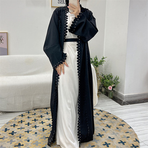 Kimono Diamant Cristal Décoration Manches Longues Femmes Musulmanes Vêtements Islamiques Dubaï Ouvert Devant Crêpe <span class=keywords><strong>Abaya</strong></span> Avec Poches - Product Image 3