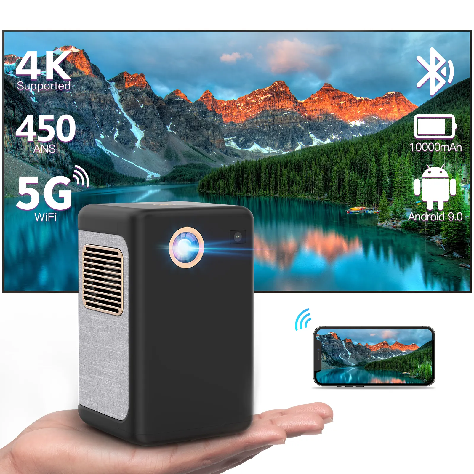 Toptan 2024 yeni tasarım LCOS Android 4K 1080P projektör Mini taşınabilir WIFI Bluetooth MobilePhone dahili pil hediye kapalı kullanım