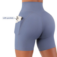 Stretch Rib Stof Gym Shorts Vrouwen Butt Lift Sport Run Yoga Shorts Met Zakken