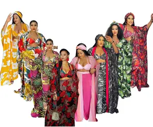 Set Pakaian Musim Panas Isi 4 Potong, Atasan Bra Desain Afrika Baru + Celana + Mantel Jubah + Gaun Set Syal Wanita
