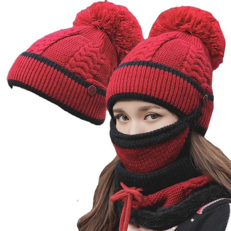 Hat women's winter warm wool cap warm cute women's hat three-piece Korean version ear protection knitted hat