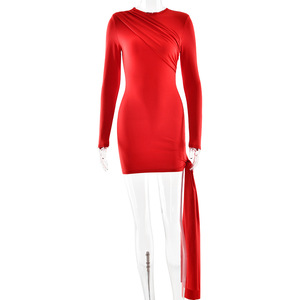 Vestido ajustado rojo asimétrico de manga larga con cuello redondo y cintura entallada, mini vestido de noche - Product Image 5