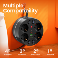Multiprise avec 4 prises secteur et chargeur USB intégré, cordon rétractable, interrupteurs indépendants, norme UE, pour la maison et le bureau