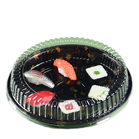 Plateau à sushi jetable japonais personnalisé, boîte à sushi ronde en plastique PP noire, conteneur alimentaire avec couvercle anti-buée, impression UV
