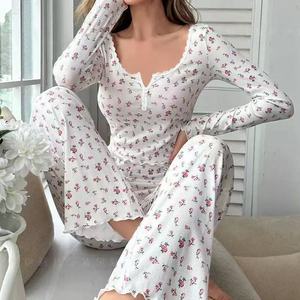 Ensemble pyjama femme <span class=keywords><strong>en</strong></span> velours côtelé imprimé, doux et respirant, multi-couleurs et multi-tailles, best-seller <span class=keywords><strong>de</strong></span> l'automne, peut être porté à l'extérieur - Product Image 6
