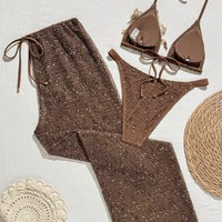 Ensemble de bikini triangle à bretelles en sequins marron pour femmes, ensemble de 3 pièces pour les vacances à la plage, maillot de bain en résille, vêtements de plage
