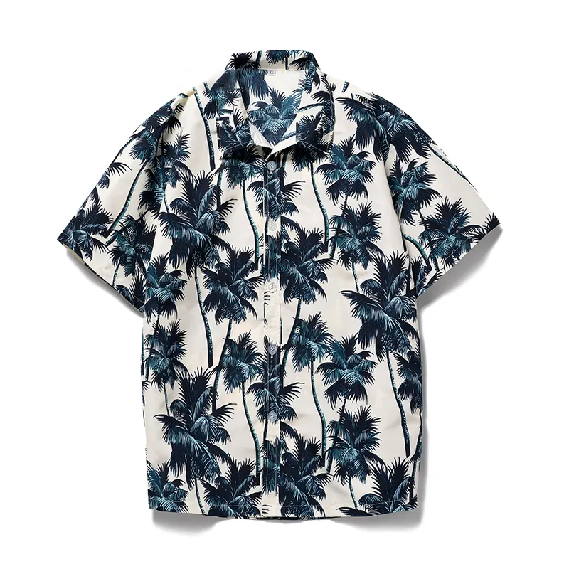 2022 Summer Aloha Hawaiian Shirt Men Clothing Coconut Tree Printed White Short Sleeve Shirts Mens Beach Wear Blouses Tops Male