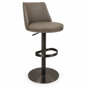Taburete de bar de altura ajustable con respaldo, tapizado en cuero sintético, con adornos de clavos y base metálica - Product Image 1