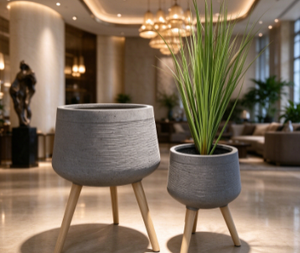 Modern Rattan Flower <b>Pots</b> with Wood Legs Minimalist Indoor Planters Set of 2 for Green Plants - Product Image 4