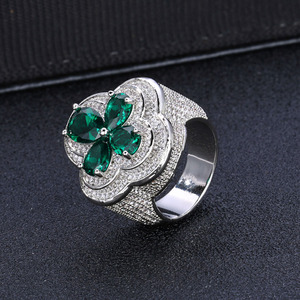 Men's Trendy Hiphop Customize <b>Ring</b> Copper Gold Plated Four Leaf Princess Cut Zircon Green Red Gemstone Flower <b>Iced</b> - Product Image 1
