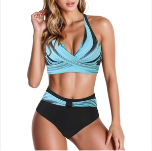Conjunto de bikini push-up acolchado de cintura alta para mujer 2026 con control de abdomen, cuello halter, material de gasa, estampado hawaiano, ligero, para mayoristas - Product Image 4