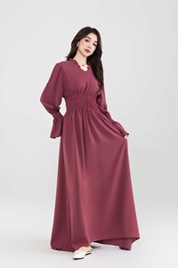 Скромное элегантное мусульманское Женское Платье макси с V-образным вырезом и высокой талией, с длинным рукавом, настраиваемая ткань - Product Image 2