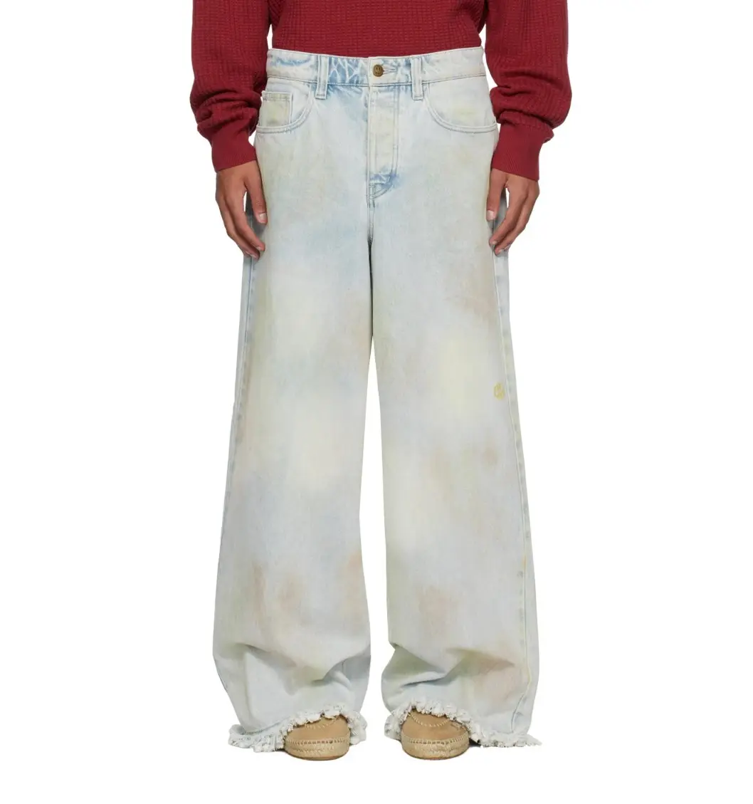 Wide-leg personalizado dos homens streetwear jeans de algodão angustiante jeans perna larga perna reta calças impressas