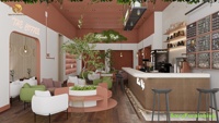 Aménagement intérieur de café chaleureux, ensemble table et chaises personnalisés pour café, mobilier moderne pour boulangerie, café, salon, bar et comptoir.
