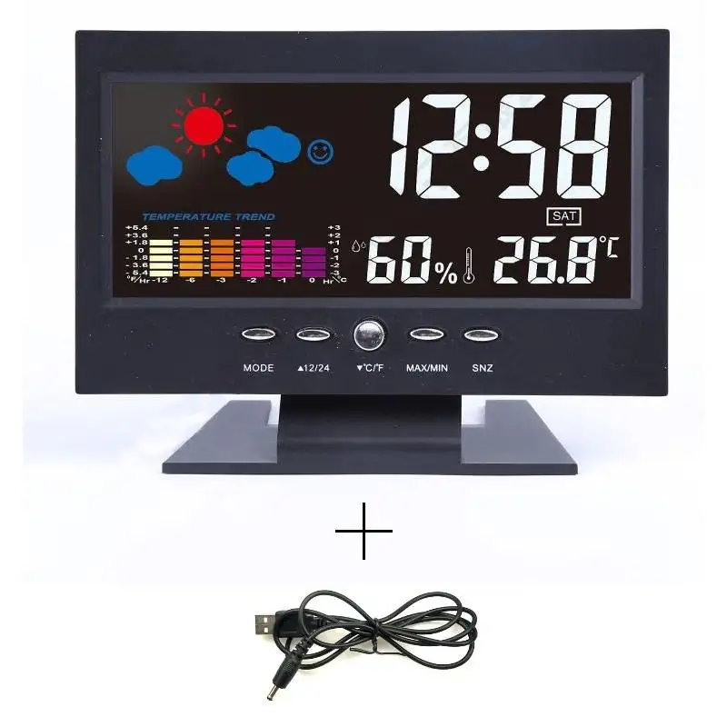 Relógio LCD colorido com termômetro e temperatura ambiente e umidade, calendário e calendário