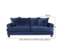Canapé trois places de style rétro américain, en velours bleu foncé, à dossier haut, de style antique français, pour maison d'hôtes