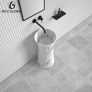 Lujoso Lavabo de Pedestal de Ónix Calacatta Gold OEM con Diseño Rústico Ondulado y Vetas Crema-Doradas para Baños Contemporáneos Elegantes en Malasia - Product Image 4
