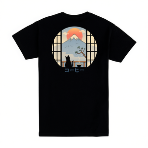 T-shirt Coffee Cat Mt Fuji Nera Unisex con grafica di ispirazione giapponese - Product Image 2