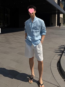 Camicia <span class=keywords><strong>Giacca</strong></span> Casual da <span class=keywords><strong>Uomo</strong></span> in <span class=keywords><strong>Lino</strong></span> con Perline e Pantaloncini Leggeri con Colletto Rialzato Stile Cinese Estivi - Product Image 6