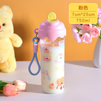 Gobelet à glace en plastique nouveau design, grande capacité, portable, avec poignée, bouteille pour enfants, mignon, avec paille, sans BPA, vente en gros