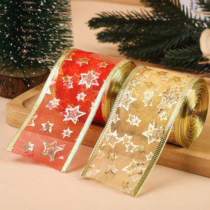 Cinta de Tul de Seda 100% con Estampado de Estrellas Navideñas, Doble Capa, 5cm de Ancho, Borde Dorado, 2 Colores, Cinta con Estampado de Estrellas Termoestampada - Product Image 4