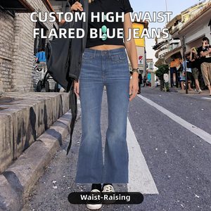 Jeans en denim rétro <span class=keywords><strong>chic</strong></span> pour <span class=keywords><strong>femme</strong></span> OEM ODM, <span class=keywords><strong>taille</strong></span> <span class=keywords><strong>haute</strong></span>, ourlet retroussé, décontracté, bleu, rose, <span class=keywords><strong>blanc</strong></span>, 3 couleurs au choix, logo sur la <span class=keywords><strong>taille</strong></span> - Product Image 2