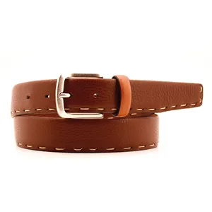 Made in Italy men's full grain cow leather 3,5 cm stitched with silvery buckle, genuine leather belt