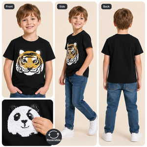 <span class=keywords><strong>T</strong></span>-<span class=keywords><strong>shirt</strong></span> à sequins animaux pour enfants, garçons et filles, motif tigre et panda, manches courtes, coton, haut d'é<span class=keywords><strong>t</strong></span>é, vente en gros OEM - Product Image 4
