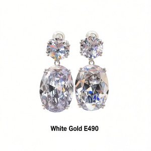 Orecchini pendenti di lusso in oro bianco con cristalli e quarzo arcobaleno, montatura a griffe, gioielli da sposa da donna E490 - Product Image 1