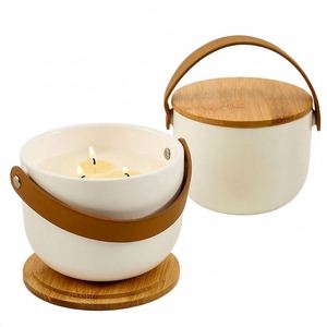 Custom Logo White High Quality Cylindrical Ceramic <b>Candle</b> Jar Bamboo Lid Leather Handle <b>Bulk</b> Wholesale for <b>Candle</b> Making Home - Product Image 1