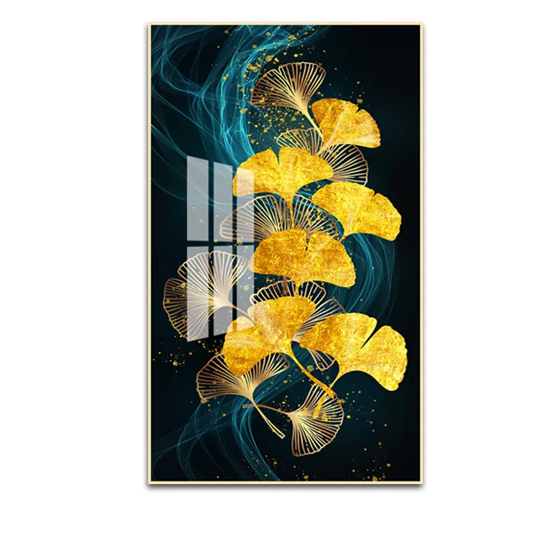 Wholesale Customized Modern Golden Ginkgo Leaves Luxury Aisle Porch Vertical Relief Mural Still Life Crystal Porcelain Painting