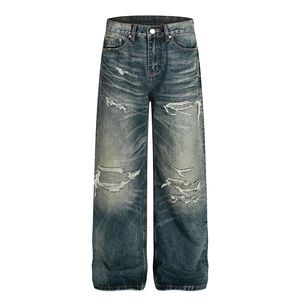 Z029 Jeans de Pierna Ancha de Mezclilla de Cintura Media con Diseño Desgastado Azul Lavado de Alta Gama Estilo Retro Americano para Hombre <span class=keywords><strong>y</strong></span> Mujer - Product Image 5