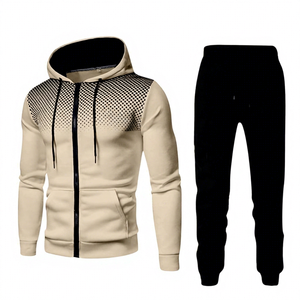 Custom Sublimation Printing LOGO <b>Tracksuit</b> Set Beige Solid Zipper Sweatshirt Black Jogger Pants Casual Full Sleeve Winter Wear - Product Image 1