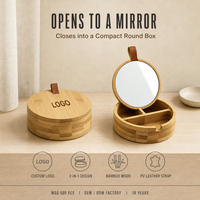 Boîte de rangement en bambou personnalisée avec logo, couvercle miroir, organisateur de bijoux rond en bois, plateau de vanité avec miroir, OEM ODM pour cadeau
