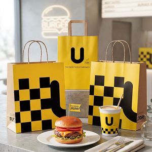 Sacs en papier kraft personnalisés, écologiques, jetables et recyclables pour emballages de restauration rapide (burgers, frites) à emporter avec poignée - Product Image 2