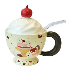 Ceramic Mug <b>With</b> <b>Lid</b> <b>And</b> Spoon Cartoon Pattern For Home Office Use Gift For Women Single <b>Cup</b> Set - Product Image 4