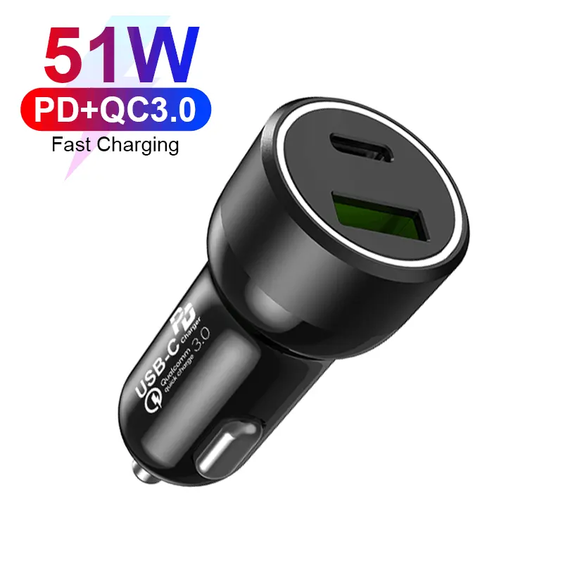 Dual Ports 51W Car Phone Charger Type-C PPS 33W + QC3.0 18W USB-C Car Charger for iPhone for Xiaomi for Samsung etc.