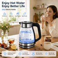 Bouilloire électrique en verre 2,0 L 1500 W avec lumière LED bleue, verre transparent, prise EU, fabricant d'usine, personnalisation OEM ODM, vente en gros