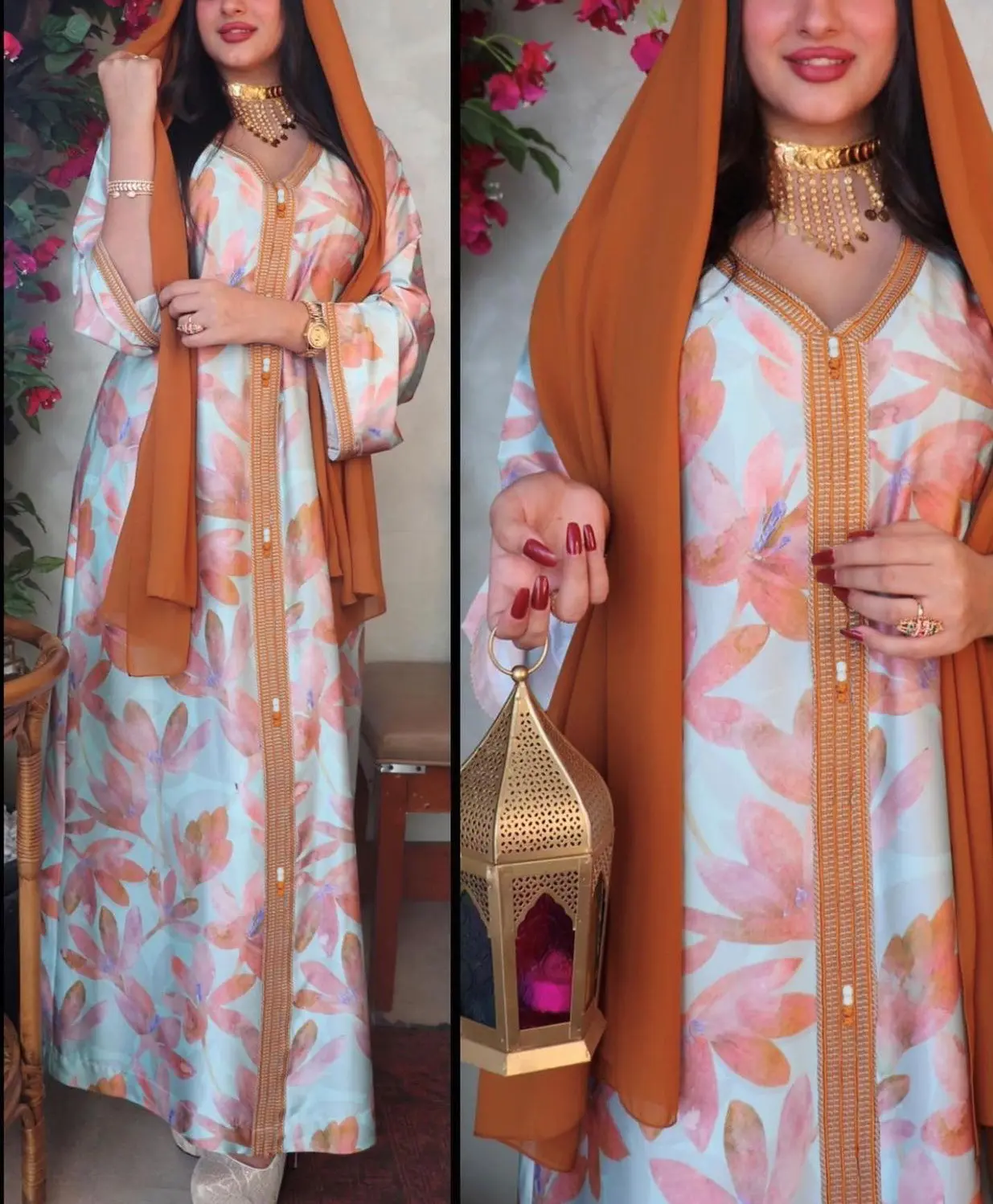 Maxi vestido de manga longa com estampa floral, roupa islâmica de retalho
