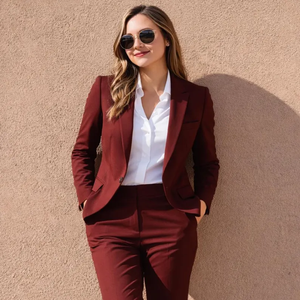Women’s Elegant Burgundy Wine Red Suit <b>Set</b> Tailored Structured <b>Blazer</b> with Matching Slim Fit Pants Chic Formal Business Outfits - Product Image 1