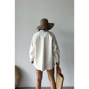 Chemise en denim de lin à manches longues pour femme, haut en coton respirant avec poches, style décontracté d'été - Product Image 3