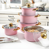 Batterie de cuisine de luxe en acier inoxydable triple couche, sans revêtement, avec couvercles et fenêtre de visualisation en verre, compatible tous feux, design moderne, casserole rose