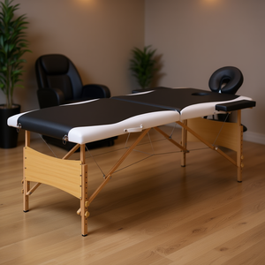 Table de massage pliable en bois noir et blanc à 2 zones avec appui-tête intégré pour usage en salon - Product Image 2