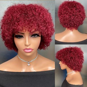 Wijnrode <span class=keywords><strong>Pixie</strong></span> Cut Golvende Machine Gemaakt Pruik Braziliaans Indiaas Raw Remy Virgin 100% Echt Haar <span class=keywords><strong>Pixie</strong></span> Geen Kant Lijmloze Pruik - Product Image 3